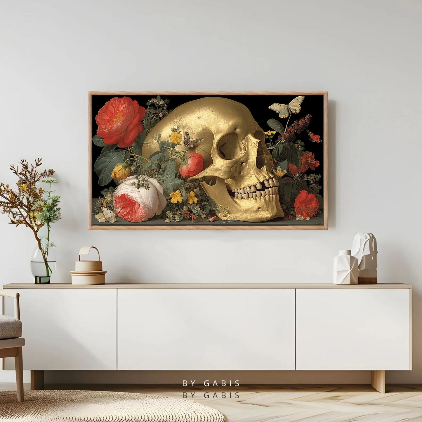 Frame TV Art → Golden Skull with Botanical Bloom