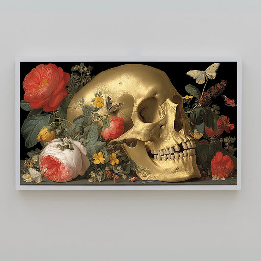 Frame TV Art → Golden Skull with Botanical Bloom