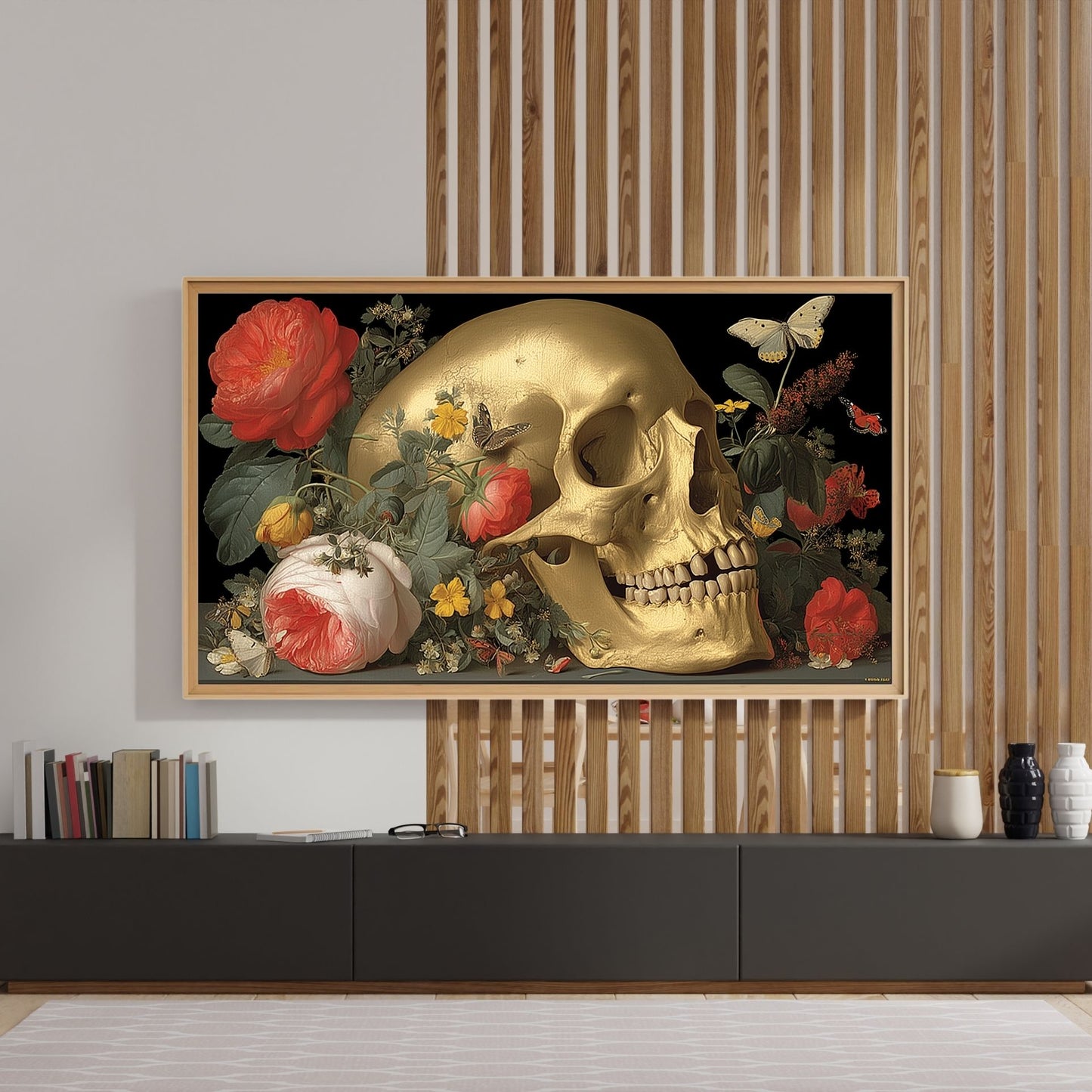 Frame TV Art → Golden Skull with Botanical Bloom
