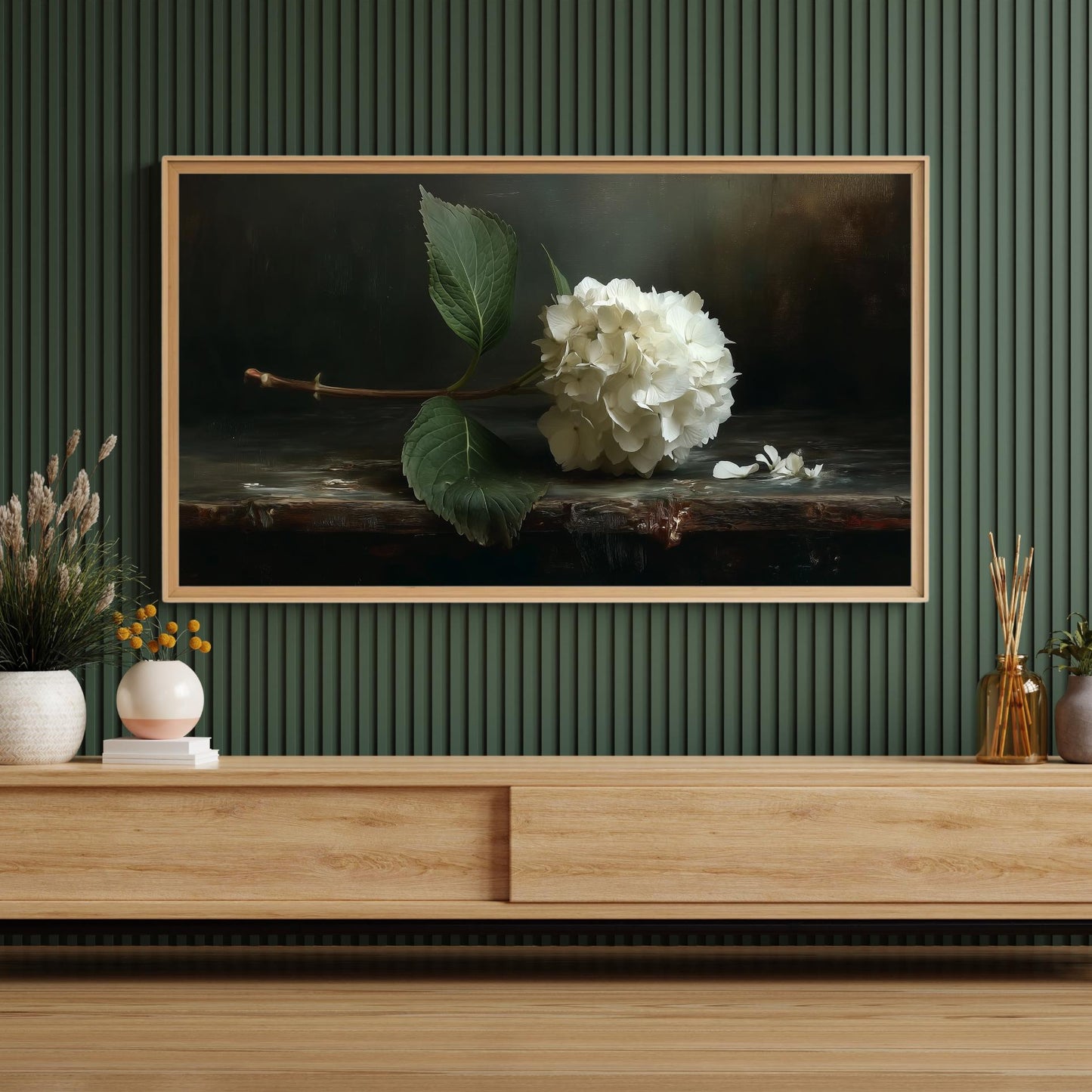 Frame TV Art → Vintage White Hydrangea Still Life