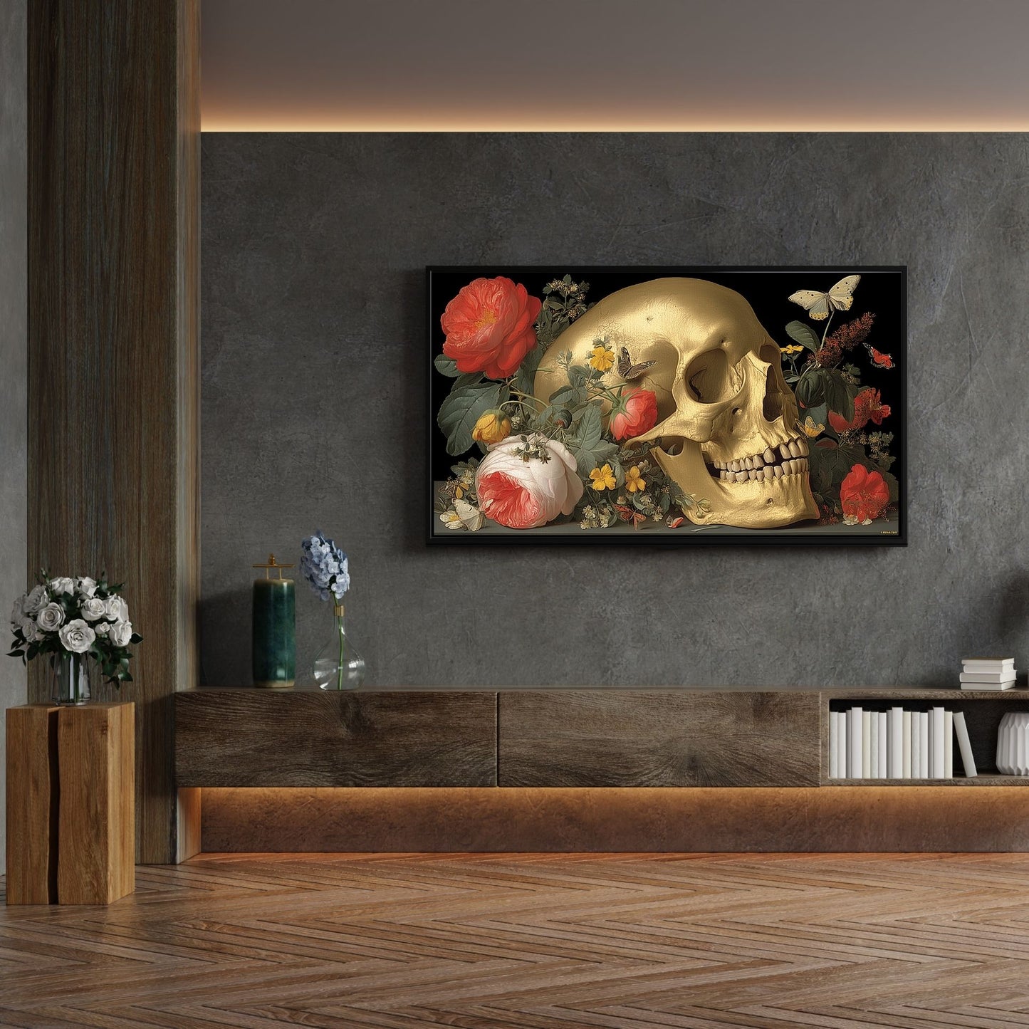 Frame TV Art → Golden Skull with Botanical Bloom
