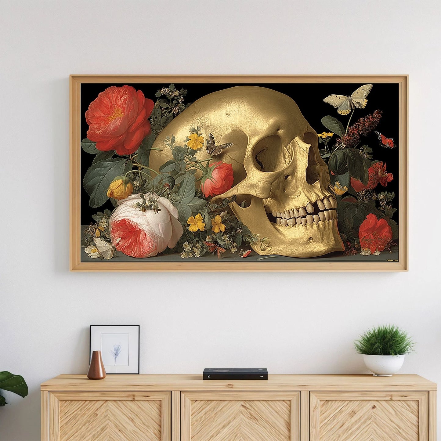 Frame TV Art → Golden Skull with Botanical Bloom