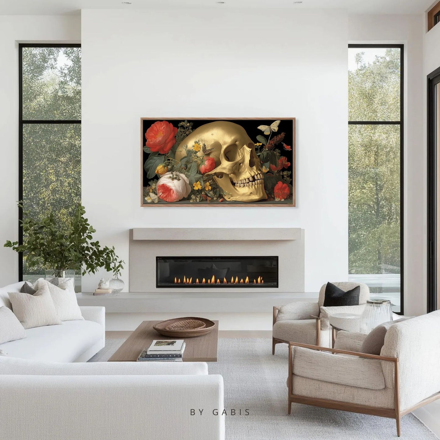 Frame TV Art → Golden Skull with Botanical Bloom