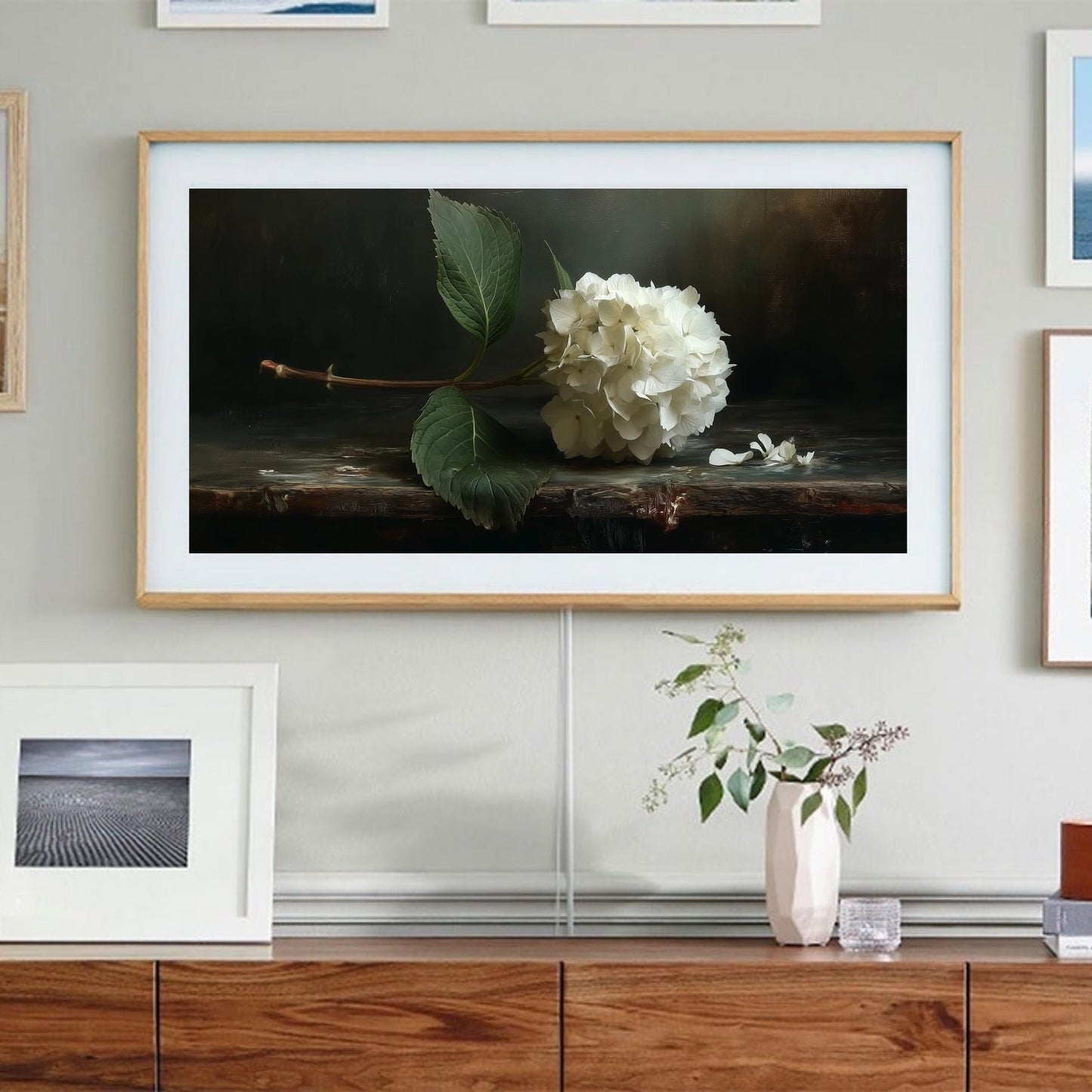 Frame TV Art → Vintage White Hydrangea Still Life