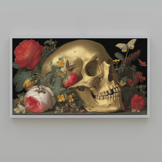 Frame TV Art → Golden Skull with Botanical Bloom